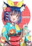  1girl 2020 :d animal_ear_fluff animal_ears bangs blue_kimono blue_nails blush breasts chinese_zodiac commentary_request eyebrows_visible_through_hair fang floral_print flower hair_flower hair_ornament japanese_clothes kimono long_sleeves looking_at_viewer medium_breasts minatoasu mouse nail_polish obi open_mouth original pinching_sleeves pink_flower print_kimono red_eyes red_flower sash short_hair sleeves_past_wrists smile solo upper_body white_background year_of_the_rat yellow_flower 
