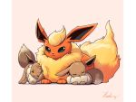  &gt;_&lt; :3 closed_eyes closed_mouth commentary_request eevee flareon full_body gen_1_pokemon green_eyes hawe_king no_humans pillarboxed pink_background pokemon pokemon_(creature) signature simple_background sleeping smile 