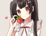  1girl bangs black_hair black_nails blush bow collared_shirt commentary_request eyebrows_visible_through_hair food frilled_shirt frills fruit grey_background hachimitsu_honey hair_bow hand_up heart highres holding holding_food nail_polish neck_ribbon original pink_bow red_eyes red_ribbon ribbon shirt simple_background sleeveless sleeveless_shirt smile solo strawberry two_side_up upper_body white_shirt 