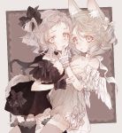  2girls \||/ angel_wings animal_ears black_bow black_dress black_legwear black_ribbon bow choker dress feathered_wings frilled_sleeves frills grey_dress grey_eyes grey_hair grey_legwear hair_bow hair_ribbon hand_on_another&#039;s_mouth looking_at_viewer multiple_girls muted_color nobuyo_ninomiya open_mouth original ribbon ribbon_choker see-through short_hair siblings sisters tail thigh-highs twins white_bow white_ribbon white_wings wings wrist_cuffs 