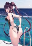  1girl absurdres adjusting_clothes adjusting_swimsuit ass back_cutout bangs blue_eyes blunt_bangs blurry blurry_background blush breasts competition_swimsuit day depth_of_field double_bun eyebrows_visible_through_hair fate/grand_order fate_(series) from_behind happymonk highleg highleg_swimsuit highres horizon huge_filesize large_breasts leaning_forward long_hair looking_at_viewer looking_back multicolored multicolored_clothes multicolored_swimsuit ocean one-piece_swimsuit open_mouth outdoors pool_ladder purple_hair sideboob solo sparkle standing swimsuit thighs twintails very_long_hair water yang_guifei_(fate/grand_order) 