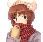  1girl animal_print bangs bear_print beret blush boko_(girls_und_panzer) brown_eyes brown_hair brown_mittens casual commentary covered_mouth eyebrows_visible_through_hair girls_und_panzer grey_coat hat long_sleeves looking_at_viewer nanjou_satoshi nishizumi_miho pink_headwear plaid plaid_scarf portrait red_scarf scarf short_hair simple_background solo white_background 