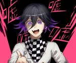  1boy black_hair checkered checkered_scarf commentary_request dangan_ronpa eyebrows_visible_through_hair face hair_between_eyes highres looking_at_viewer male_focus new_dangan_ronpa_v3 open_mouth ouma_kokichi purple_hair scarf smile straitjacket translation_request violet_eyes zabe_o 