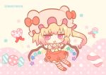  1girl bangs beige_background blonde_hair blush_stickers bow candy candy_wrapper chibi eyebrows_visible_through_hair fang flandre_scarlet food full_body hands_up hat hat_bow heart heart_lollipop lollipop long_hair lowres marshmallow_mille mob_cap one_side_up open_mouth pink_headwear pleated_skirt polka_dot polka_dot_background puffy_short_sleeves puffy_sleeves red_background red_bow red_footwear red_skirt red_vest ringlets short_sleeves sidelocks skirt solo star striped striped_legwear touhou twitter_username two-tone_background very_long_hair vest violet_eyes wings wrist_cuffs 