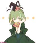  1girl back_bow blush bouquet bow dress flower green_bow green_dress green_eyes green_hair hair_flower hair_ornament hand_up hat highres holding holding_bouquet looking_at_viewer mamimu_(ko_cha_22) short_hair soga_no_tojiko solo tate_eboshi touhou upper_body white_background wide_sleeves 