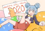  1girl 2020 alternate_hairstyle balloon blue_eyes blue_hair bow bowtie cosplay disney english_text enjaku_izuku gloves highres kantai_collection mickey_mouse mickey_mouse_(cosplay) mouse_tail navel samuel_b._roberts_(kantai_collection) shirt shorts sign socks tail 