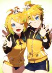  absurdres arm_around_back badge bandage_on_face bangs bass_clef blonde_hair blue_eyes bow buruma cable commentary cowboy_shot grin hair_bow hair_ornament hairclip hand_up head_tilt headphones highres jacket kagamine_len kagamine_rin leaning_forward looking_at_viewer matching_outfit neckerchief one_eye_closed open_mouth project_diva_(series) short_hair short_ponytail short_shorts shorts side-by-side smile spiky_hair sportswear star stylish_energy_(module) swept_bangs track_jacket treble_clef two-tone_jacket v vocaloid waving white_bow wristband yamada_ichi yellow_jacket yellow_neckwear zipper zipper_pull_tab 