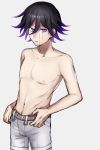  alternate_costume belt black_hair blood blood_on_face commentary_request dangan_ronpa eyebrows_visible_through_hair frown hair_between_eyes looking_at_viewer new_dangan_ronpa_v3 ouma_kokichi pants pink_blood purple_hair simple_background topless violet_eyes white_background white_pants zabe_o 
