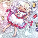  1girl barefoot beer_can can chibi closed_eyes dark_skin dress drooling drunk earlobes ebisu_eika eyebrows_visible_through_hair hand_on_own_chest hitodama holding holding_hair lying on_back pote_(ptkan) puffy_short_sleeves puffy_sleeves short_hair short_sleeves silver_hair solo sweatdrop touhou white_dress 