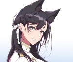  1girl animal_ear_fluff animal_ears atago_(azur_lane) azur_lane bangs black_hair blush brown_eyes epaulettes extra_ears eyebrows_visible_through_hair gradient gradient_background hair_between_eyes hair_ribbon long_hair looking_at_viewer military military_uniform mole mole_under_eye naval_uniform parted_lips pochi_(pochi-goya) ribbon smile solo swept_bangs teeth uniform white_ribbon 