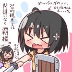 &gt;_&lt; 1girl ahoge arm_up bangs blush breasts brown_shirt chibi closed_eyes commentary_request directional_arrow eyebrows_visible_through_hair flying_sweatdrops hair_between_eyes hair_ornament hana_kazari highres holding holding_sword holding_weapon itai_no_wa_iya_nano_de_bougyoryoku_ni_kyokufuri_shitai_to_omoimasu maple_(bofuri) maple_(itai_no_wa_iya_nano_de_bougyoryoku_ni_kyokufuri_shitai_to_omoimasu) multiple_views open_mouth outstretched_arm pink_background shield shirt short_sleeves small_breasts sword translation_request two-tone_background wavy_mouth weapon white_background