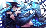  1girl bangs bare_shoulders blue_dress blue_eyes blue_fire blue_gloves blue_headwear blue_legwear blunt_bangs breasts center_opening covered_navel dress elbow_gloves fate/grand_order fate_(series) fire fish floral_print gloves glowing glowing_eyes hair_ornament halo highres ikeron large_breasts leaf_hair_ornament long_hair looking_at_viewer parted_lips pipa_(instrument) purple_hair sash simple_background smile solo thigh-highs thighs very_long_hair white_background yang_guifei_(fate/grand_order) 