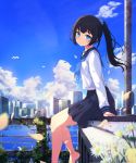  1girl absurdres bare_legs barefoot bird black_hair black_sailor_collar black_skirt blue_bow blue_eyes blue_neckwear blue_sky blush bow city closed_mouth clouds daisy day flower foot_dangle from_side hair_bow highres keis_(locrian1357) long_hair long_sleeves looking_at_viewer neckerchief original outdoors petals ponytail railing ringed_eyes sailor_collar school_uniform seagull serafuku shirt sitting skirt sky skyline smile solo water white_flower white_shirt 
