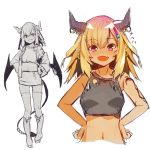  1girl :d bangs bare_arms bare_shoulders black_shirt blonde_hair blush boots collarbone commentary_request demon_girl demon_horns demon_tail demon_wings ear_piercing eyebrows_visible_through_hair fang hair_between_eyes hands_on_hips horn_piercing horns jacket knee_boots long_hair looking_at_viewer midriff multiple_views navel off_shoulder open_clothes open_jacket open_mouth original piercing shirt simple_background skirt sleeveless sleeveless_shirt smile standing tail thigh-highs thighhighs_under_boots violet_eyes white_background wing_piercing wings yuuji_(yukimimi) 
