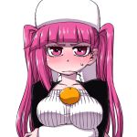  1girl bleach blush breasts closed_mouth commentary_request dokugamine_riruka food fruit hanya_(hanya_yashiki) large_breasts long_hair looking_at_viewer orange purple_hair simple_background solo twintails violet_eyes 