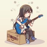  1girl amazon_(company) ayasaka bang_dream! bangs beige_background black_hair blue_footwear box bracelet brand_name_imitation collared_shirt commentary_request crossed_arms detached_sleeves electric_guitar guitar hanazono_tae instrument jewelry long_hair music playing_instrument shirt short_hair sitting sitting_on_box smile solo star suspenders thigh-highs 