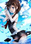  1girl ahoge artist_name blue_eyes braid brown_hair hair_flaps hair_ornament ishida_mia kantai_collection looking_at_viewer shigure_(kantai_collection) single_braid solo swimsuit twitter_username 