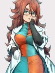  1girl android_21 black-framed_eyewear blue_eyes breasts checkered checkered_dress dragon_ball dragon_ball_fighterz dress earrings glasses grey_background hair_between_eyes hand_on_own_face hand_up hoop_earrings jewelry kemachiku labcoat large_breasts long_hair long_sleeves looking_at_viewer redhead simple_background solo 