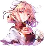  1girl =3 annoyed_bird bangs cuffs double_bun floral_print flower ibaraki_kasen kutsuki_kai looking_at_viewer open_mouth pink_eyes pink_flower pink_hair pointing pointing_at_viewer puffy_short_sleeves puffy_sleeves shirt short_hair short_sleeves solo sweatdrop tabard touhou upper_body white_background white_shirt 