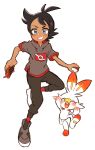  absurdres black_hair black_pants blue_eyes blush dark_skin dark_skinned_male gen_1_pokemon gen_8_pokemon gou_(pokemon) grey_footwear grin hair_ornament hairclip highres holding holding_poke_ball looking_at_viewer nico_o0 pants poke_ball poke_ball_(generic) pokemon_swsh_(anime) red_legwear rotom_phone scorbunny shoes smile sneakers socks spiky_hair teeth white_background 