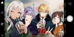  2boys 2girls ;3 ahoge bangs black_sweater blonde_hair blue_eyes blue_hoodie blush brown_hair bubble_tea cellphone chin_rest collarbone cup dark_skin disposable_cup drinking_straw earrings english_text ex_albio eyebrows_visible_through_hair fuwa_minato glasses green_jacket grey_nails grin hair_bun hayase_sou highres hood hood_down hoodie jacket jacket_on_shoulders jewelry long_hair long_sleeves looking_at_viewer miyukiyo multicolored_hair multiple_boys multiple_girls nail_polish nijisanji off_shoulder one_eye_closed open_mouth orange_shirt phone pink_nails purple_hair purple_shirt redhead round_eyewear shirt sleeveless sleeveless_shirt smartphone smile streaked_hair sweater table todoroki_kyouko twitter_username upper_body v viewfinder violet_eyes virtual_youtuber white_hair 