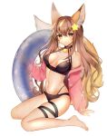  1girl absurdres animal_ears annytf bare_shoulders barefoot bikini black_bikini breasts brown_eyes brown_hair detached_sleeves fox_ears fox_girl fox_tail halterneck highres indie_virtual_youtuber innertube large_tail long_hair long_sleeves looking_at_viewer medium_breasts navel skindentation solo star stomach string_bikini swimsuit tail thigh_strap very_long_hair virtual_youtuber yuniiho 