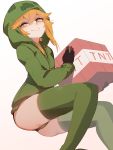  1girl ass at2. bangs black_gloves blonde_hair closed_mouth commentary_request creeparka creeper eyebrows_visible_through_hair feet_out_of_frame gloves green_hoodie green_legwear green_panties highres holding hood hood_up hoodie long_sleeves minecraft no_pants panties personification shaded_face short_hair_with_long_locks sidelocks simple_background smile solo thigh-highs tnt underwear white_background yellow_eyes 