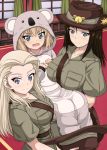  3girls bangs belt black_hair blonde_hair blue_eyes blush breasts brown_headwear brown_shirt clara_(girls_und_panzer) closed_mouth collared_shirt commentary_request curtains eyebrows_visible_through_hair fang frown girls_und_panzer hat hat_removed headwear_removed holding holding_hat indoors inoshira katyusha_(girls_und_panzer) koala_costume koala_forest_military_uniform large_breasts lifting_person long_hair looking_at_viewer military military_uniform multiple_girls nonna_(girls_und_panzer) open_mouth sam_browne_belt shirt short_hair short_sleeves slouch_hat smile standing swept_bangs uniform window 