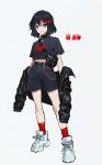  1girl absurdres alternate_costume arms_at_sides bare_legs belt black_eyes black_hair black_shirt black_shorts chain commentary eyelashes fanny_pack full_body grey_background grin hair_between_eyes highres jacket jacket_removed kill_la_kill leather leather_jacket legs_apart looking_at_viewer matoi_ryuuko midriff mixed-language_commentary multicolored_hair open_clothes open_jacket open_mouth red_legwear redhead shaded_face shiny shiny_hair shirt shoes short_hair short_sleeves shorts simple_background smile sneakers socks solo square standing streaked_hair translation_request two-tone_hair v-shaped_eyebrows wangxi205 white_footwear 