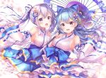  2girls :d alternate_color aoba_chise aoba_project aoba_rena armpits bare_shoulders blue_hair bow breasts cowboy_shot detached_sleeves dress floating_hair flower hair_bow hair_ornament hair_ribbon highres holding holding_umbrella large_breasts layered_dress long_hair long_sleeves looking_at_viewer multiple_girls nontraditional_miko obi open_mouth oriental_umbrella red_eyes ribbon sakura_moyon sash silver_hair smile tassel twintails umbrella violet_eyes white_flower wide_sleeves 