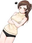  1girl bangs bare_shoulders black_shorts blush breasts brown_eyes brown_hair commentary_request highres idolmaster idolmaster_million_live! kitazawa_shiho large_breasts long_hair looking_at_viewer minakami ponytail short_shorts shorts simple_background sleeveless_sweater solo sweater white_background yellow_sweater 