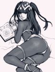  1girl ass bangs blunt_bangs bodystocking book chin_rest circlet fingernails fire_emblem fire_emblem_awakening high_heels highres long_fingernails long_hair looking_at_viewer looking_back lying on_side open_book robert_porter sketch solo stiletto_heels tharja thighlet thong tiara two_side_up work_in_progress 