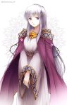  1girl artist_name bangs breasts cape collarbone dress eyelashes feet_out_of_frame fire_emblem fire_emblem:_genealogy_of_the_holy_war hands_together julia_(fire_emblem) long_hair long_sleeves looking_at_viewer medium_breasts parted_lips purple_cape purple_dress shirokuroma_29 sidelocks silver_hair simple_background solo twitter_username violet_eyes white_background wide_sleeves 