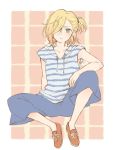  1boy :&lt; blonde_hair blue_pants green_eyes hair_over_one_eye hood hoodie loafers male_focus one_side_up pants shoes side_ponytail sitting sleeveless sleeveless_hoodie snowchild striped yuri!!!_on_ice yuri_plisetsky 