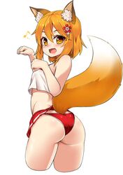  1girl animal_ear_fluff animal_ears ass blonde_hair breasts crop_top cropped_legs fang flower fox_ears fox_tail from_behind hair_between_eyes hair_flower hair_ornament highres looking_at_viewer looking_back medium_hair microskirt musical_note open_mouth panties paw_pose red_flower red_panties red_skirt senko_(sewayaki_kitsune_no_senko-san) sewayaki_kitsune_no_senko-san shiron_(e1na1e2lu2ne3ru3) simple_background skirt small_breasts smile solo tail underwear white_background yellow_eyes 