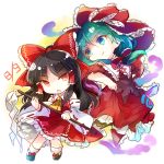  2girls ascot bare_shoulders black_footwear black_hair boots bow chibi collared_shirt dated detached_sleeves dress dress_lift frilled_dress frills full_body gohei green_eyes green_hair hair_bow hair_ribbon hair_tubes hakurei_reimu kagiyama_hina kutsuki_kai lace-trimmed_sleeves long_hair looking_at_viewer looking_to_the_side multiple_girls open_mouth petticoat red_dress red_eyes red_shirt red_skirt ribbon shirt short_sleeves skirt skirt_hold socks touhou white_background wide_sleeves 