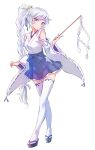  1girl blue_eyes chihaya_(clothing) earrings full_body gohei hakama hakama_skirt highres hip_vent iesupa japanese_clothes jewelry long_hair miko nontraditional_miko ponytail rwby scar scar_across_eye shide side_ponytail solo thigh-highs tiara weiss_schnee white_hair 