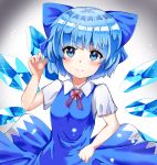  1girl arm_up bangs blue_dress blue_eyes blue_hair blush bow cirno commentary dress eyebrows_visible_through_hair gradient gradient_background hair_bow hand_on_hip highres kiui_(dagk8254) leaning_to_the_side light_particles looking_at_viewer neck_ribbon pinafore_dress red_neckwear ribbon shiny shiny_hair shirt short_sleeves smile solo star touhou white_background white_shirt wings 