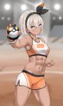  1girl abs absurdres bangs black_hairband blush breasts closed_mouth dark_skin gloves grey_eyes grey_hair gym_leader hairband highres kaetzchen looking_at_viewer navel orange_gloves poke_ball pokemon pokemon_(game) pokemon_swsh saitou_(pokemon) single_glove solo sports_bra thighs two-tone_gloves ultra_ball 
