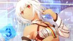  1girl adjusting_hair altera_(fate) bangs blunt_bangs body_markings close-up countdown danemaru dark_skin detached_sleeves face fate/extella fate/extra fate/grand_order fate_(series) midriff nail_polish red_eyes solo white_hair 