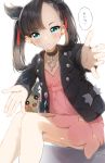  1girl :o absurdres asymmetrical_bangs bangs black_choker black_hair black_jacket blue_eyes blush choker dress earrings eyebrows_visible_through_hair gen_8_pokemon hair_ribbon highres jacket jewelry long_hair long_sleeves looking_at_viewer mary_(pokemon) morpeko nose_blush open_clothes open_jacket open_mouth outstretched_arms parted_lips pentagon_(railgun_ky1206) pink_dress pokemon pokemon_(creature) pokemon_(game) pokemon_swsh red_ribbon ribbon sitting translated twintails upper_teeth white_background 