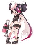 +_+ 1girl ;d ankle_boots anklet asymmetrical_sleeves black_footwear black_hair black_jacket boots bracelet brown_eyes callie_(splatoon) commentary cosplay crop_top domino_mask earrings fang food food_on_head full_body gradient_hair hair_ornament hand_on_hip highres holding holding_weapon jacket jewelry long_hair looking_at_viewer mask microskirt midriff multicolored_hair navel object_on_head octoshot_(splatoon) one_eye_closed open_mouth purple_hair simple_background skindentation skirt smile solo splatoon_(series) splatoon_2 splatoon_2:_octo_expansion standing sukeo_(nunswa08) sushi tentacle_hair thigh_strap very_long_hair weapon white_background zipper zipper_pull_tab