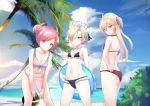  3girls admiral_hipper_(azur_lane) ahoge azur_lane bangs bare_arms bare_legs bare_shoulders beach bikini black_bikini blonde_hair braid braided_bun breasts butt_crack closed_mouth clouds collarbone commentary_request day double_bun expressionless flat_chest frilled_bikini frills front-tie_bikini front-tie_top green_eyes hair_between_eyes hair_over_one_eye hands_on_hips highres innertube ka11_ca leaning_forward looking_at_viewer maid_headdress medium_breasts medium_hair multiple_girls navel ocean outdoors palm_tree pink_bikini pink_eyes pink_hair red_bikini sand saratoga_(azur_lane) sheffield_(azur_lane) short_hair shoulder_blades small_breasts smile stomach swept_bangs swimsuit tree two_side_up yellow_eyes 