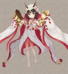  1girl animal_ear_fluff animal_ears azur_lane bangs bare_shoulders barefoot black_hair blush closed_mouth commentary_request detached_sleeves ears_through_headwear eyebrows_visible_through_hair fox_ears full_body grey_background hair_ornament hairclip headpiece japanese_clothes kimono long_sleeves looking_at_viewer miko mimikaki_(men_bow) nagato_(azur_lane) obi ribbon-trimmed_sleeves ribbon_trim sash sleeveless sleeveless_kimono smile solo veil white_kimono wide_sleeves x_hair_ornament yellow_eyes 