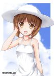  1girl bangs blue_sky brown_eyes brown_hair casual clouds cloudy_sky commentary day dress eyebrows_visible_through_hair flipper girls_und_panzer hand_in_hair hat looking_at_viewer nishizumi_miho open_mouth outdoors outside_border short_hair sky smile solo spaghetti_strap standing sun_hat sundress twitter_username white_dress white_headwear 