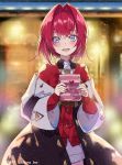  1girl ange_katrina blue_eyes blurry blurry_background blush building commentary_request gift highres holding jacket kinokohime looking_at_viewer nijisanji open_mouth redhead short_hair snowing solo valentine virtual_youtuber 