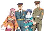  2boys 2girls :d belt blue_eyes blue_hair bow character_request commentary formal hair_bow hair_bun hat horikou japanese_clothes kagamihara_nadeshiko kimono looking_at_viewer military military_hat military_uniform multiple_boys multiple_girls necktie new_year obi open_mouth pink_hair russia sash shima_rin smile soviet_union uniform violet_eyes white_background yurucamp 