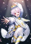  1boy arm_up bangs blush bow character_request collar confetti cookie_run crown dancing ha_youn highres long_sleeves looking_at_viewer male_focus open_mouth pants pink_hair puffy_long_sleeves puffy_sleeves red_eyes short_hair solo standing standing_on_one_leg white_pants yellow_bow 