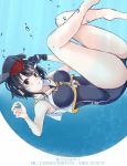  1girl 7comachi7 air_bubble asymmetrical_hair black_hair black_swimsuit brown_eyes bubble commentary_request framed_breasts gloves hair_between_eyes hat headphones highres i-14_(kantai_collection) kantai_collection looking_at_viewer neckerchief partly_fingerless_gloves sailor_collar school_swimsuit short_hair single_glove solo swimsuit underwater 