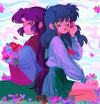  2girls :d back-to-back black_hair bouquet flower green_sailor_collar green_skirt hair_flower hair_ornament highres higurashi_kagome holding holding_bouquet holding_flower inuyasha japanese_clothes long_hair looking_at_viewer low-tied_long_hair medium_hair multiple_girls neckerchief open_mouth pleated_skirt sailor_collar sango school_uniform seiza serafuku sitting skirt smile totorolls 